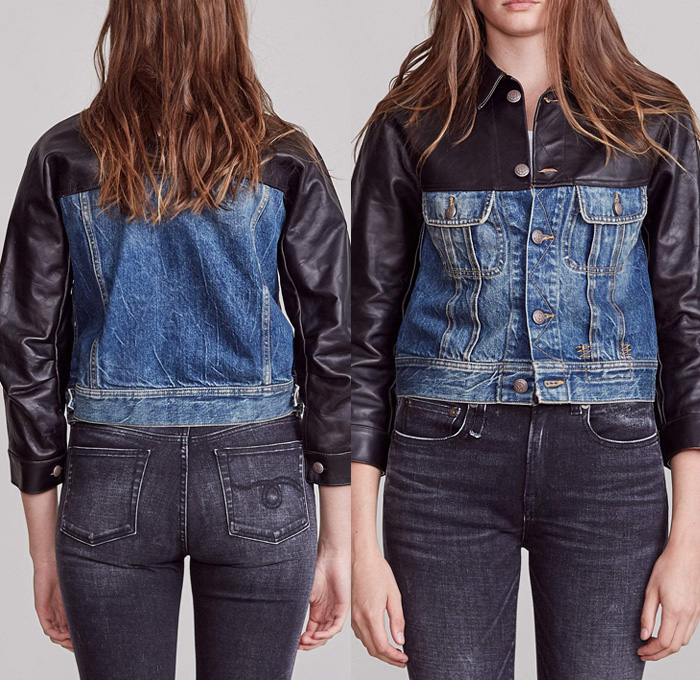 R13 Siouxie Shrunken Denim Hybrid Trucker Jacket & Zip-off Axl Slim Kelly Leather Zip Off Split Panel Jeans - 2020-2021 Fall Autumn Winter Womens Fashion Collection - Made In Denim Finds by Denim Jeans Observer