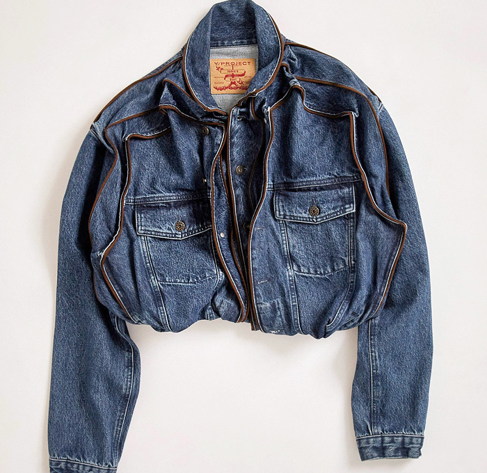 Y/Project Pop-Up Brown Piping Denim Jacket and High Waist Deep V Shape Crotch Jeans Detachable Shorts Ice Blue - Made In Denim Finds by Denim Jeans Observer