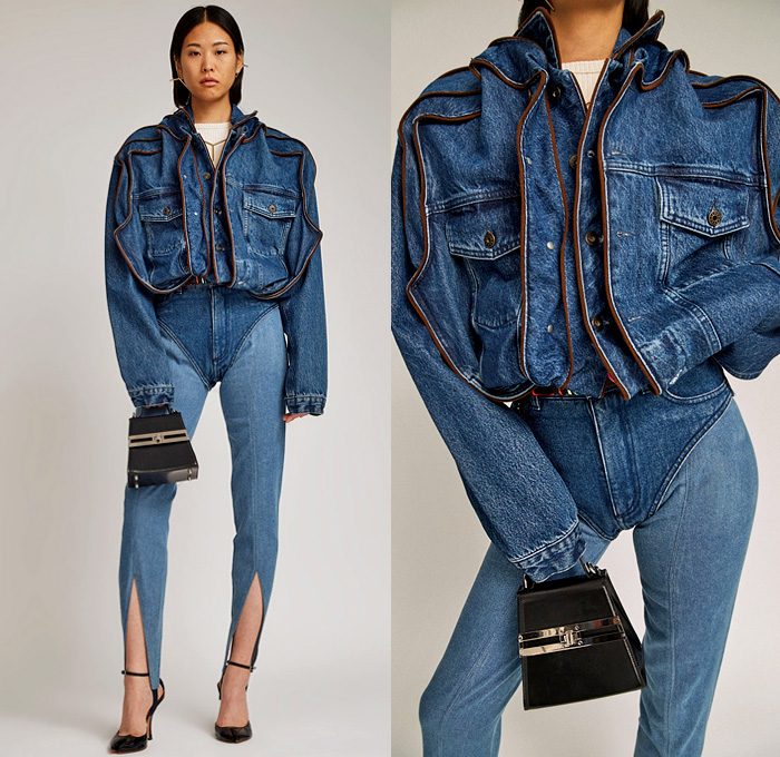 Y/Project Pop-Up Brown Piping Denim Jacket and High Waist Deep V Shape Crotch Jeans Detachable Shorts Ice Blue - Made In Denim Finds by Denim Jeans Observer