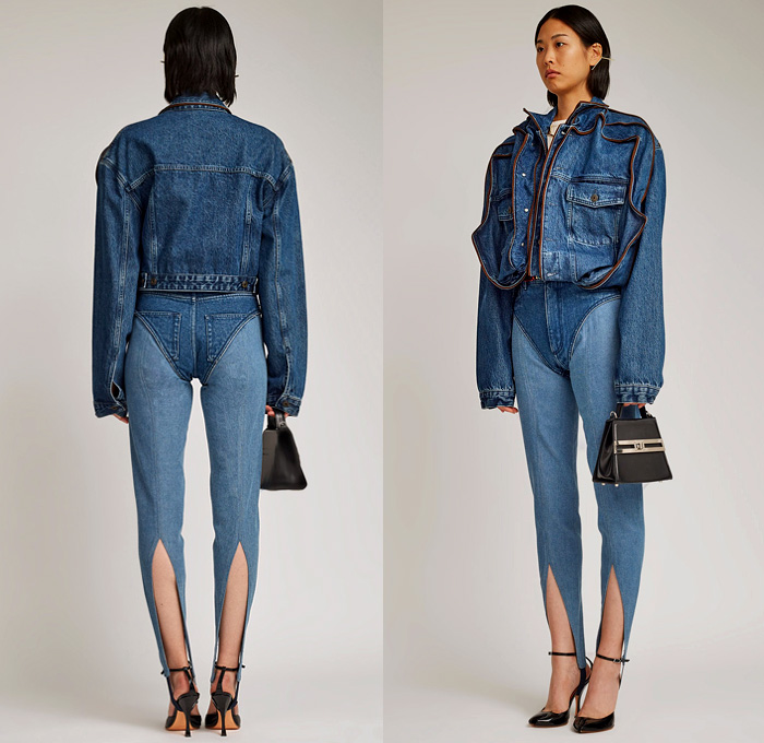 Y/Project Pop-Up Brown Piping Denim Jacket and High Waist Deep V Shape Crotch Jeans Detachable Shorts Ice Blue - Made In Denim Finds by Denim Jeans Observer