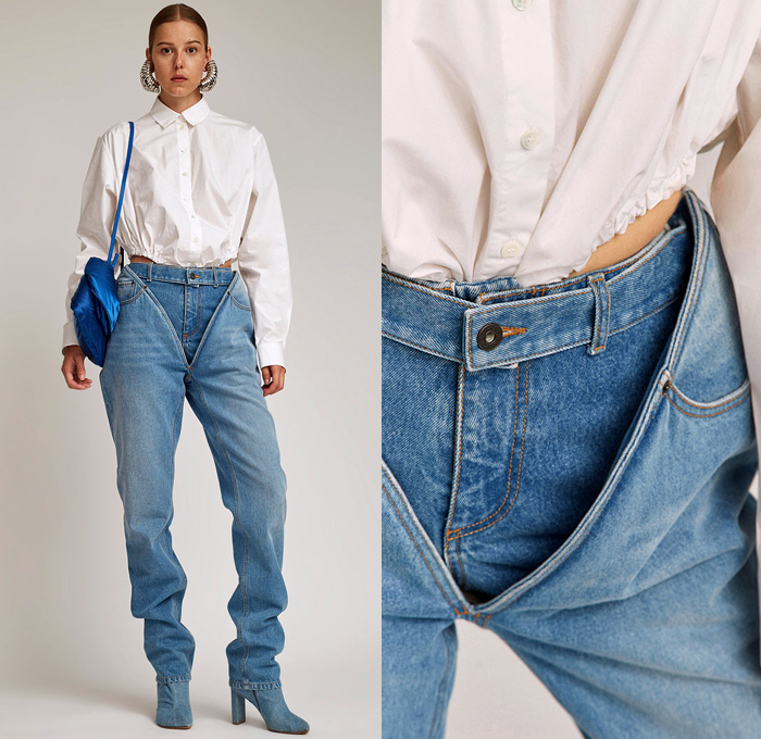 Y/Project Pop-Up Brown Piping Denim Jacket and High Waist Deep V Shape Crotch Jeans Detachable Shorts Ice Blue - Made In Denim Finds by Denim Jeans Observer