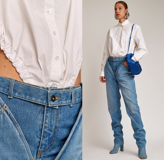 Y/Project Pop-Up Brown Piping Denim Jacket and High Waist Deep V Shape Crotch Jeans Detachable Shorts Ice Blue - Made In Denim Finds by Denim Jeans Observer