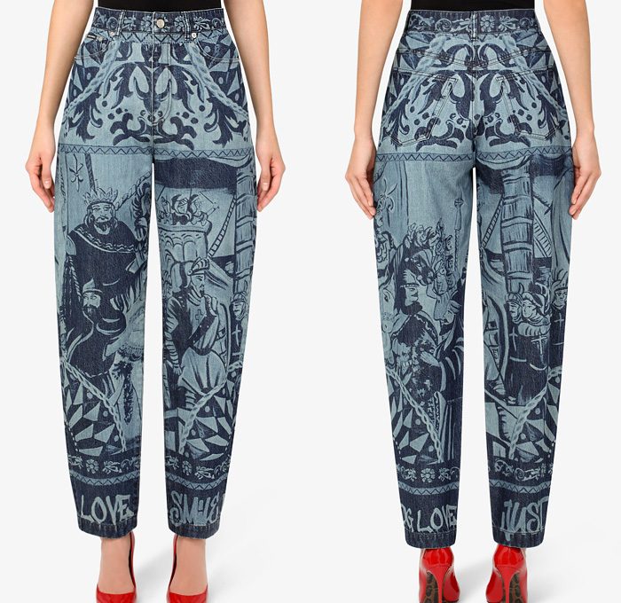 Dolce&Gabbana Amber Grace Loose Jeans Carretto Patchwork Print Denim - Medieval Renaissance Tonal Monochrome Print Mash Up Mixed Design Ornaments Decorative Art Soldiers Royalty Ship Geometric Star Stripes Flowers Floral High Waist Tapered Baggy Loose Boot Cut Wide Leg Skinny Cigarette Fit Womens Mens Jeanswear 2021 Resort Cruise Pre-Spring Collection - Made In Denim Finds by Denim Jeans Observer