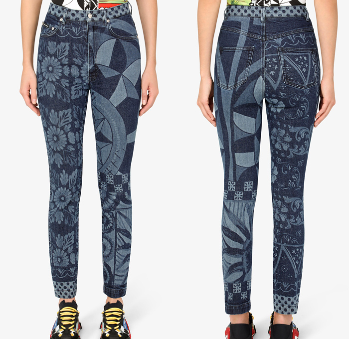 Dolce&Gabbana Amber Grace Loose Jeans Carretto Patchwork Print Denim - Medieval Renaissance Tonal Monochrome Print Mash Up Mixed Design Ornaments Decorative Art Soldiers Royalty Ship Geometric Star Stripes Flowers Floral High Waist Tapered Baggy Loose Boot Cut Wide Leg Skinny Cigarette Fit Womens Mens Jeanswear 2021 Resort Cruise Pre-Spring Collection - Made In Denim Finds by Denim Jeans Observer
