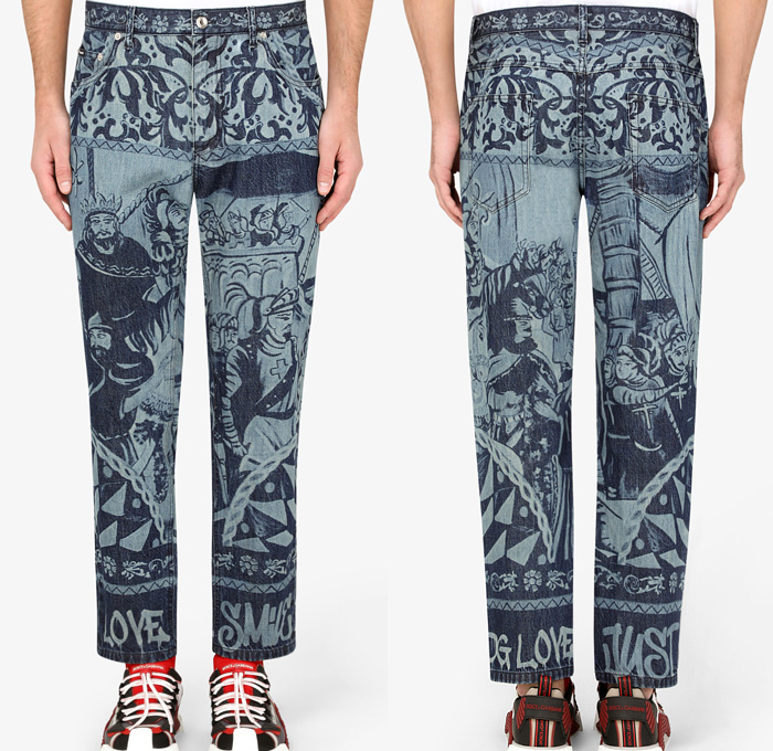 Dolce&Gabbana Amber Grace Loose Jeans Carretto Patchwork Print Denim - Medieval Renaissance Tonal Monochrome Print Mash Up Mixed Design Ornaments Decorative Art Soldiers Royalty Ship Geometric Star Stripes Flowers Floral High Waist Tapered Baggy Loose Boot Cut Wide Leg Skinny Cigarette Fit Womens Mens Jeanswear 2021 Resort Cruise Pre-Spring Collection - Made In Denim Finds by Denim Jeans Observer