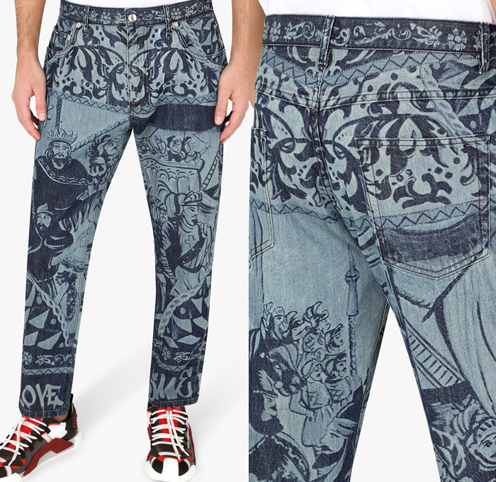 Dolce&Gabbana Amber Grace Loose Jeans Carretto Patchwork Print Denim - Medieval Renaissance Tonal Monochrome Print Mash Up Mixed Design Ornaments Decorative Art Soldiers Royalty Ship Geometric Star Stripes Flowers Floral High Waist Tapered Baggy Loose Boot Cut Wide Leg Skinny Cigarette Fit Womens Mens Jeanswear 2021 Resort Cruise Pre-Spring Collection - Made In Denim Finds by Denim Jeans Observer