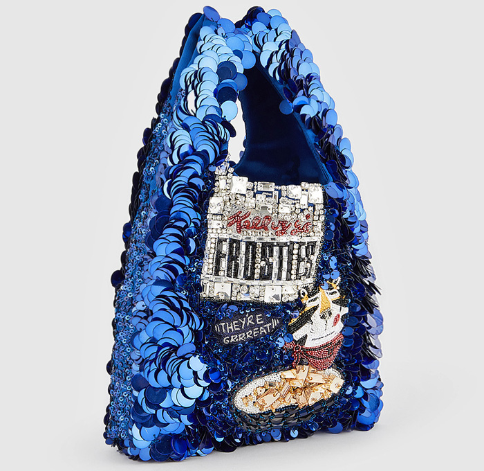 Anya Hindmarch Brands Frosties Frosted Flakes Tony The Tiger Fisherman's Friend Tote Bag Handbag Recycled Satin Bedazzled Embellished Adorned Decorated Sequins Spangles Paillettes Crystals Metal Beads Trinkets Heinz Tomato Ketchup Catsup Food Counter Sachet Wrigley's Spearmint Chewing Gum Candy Snack Stick Bar Leather Charm Key Chain - 2020-2021 Fall Autumn Winter Season Accessories Collection - Quirky Fashion Finds by Denim Jeans Observer