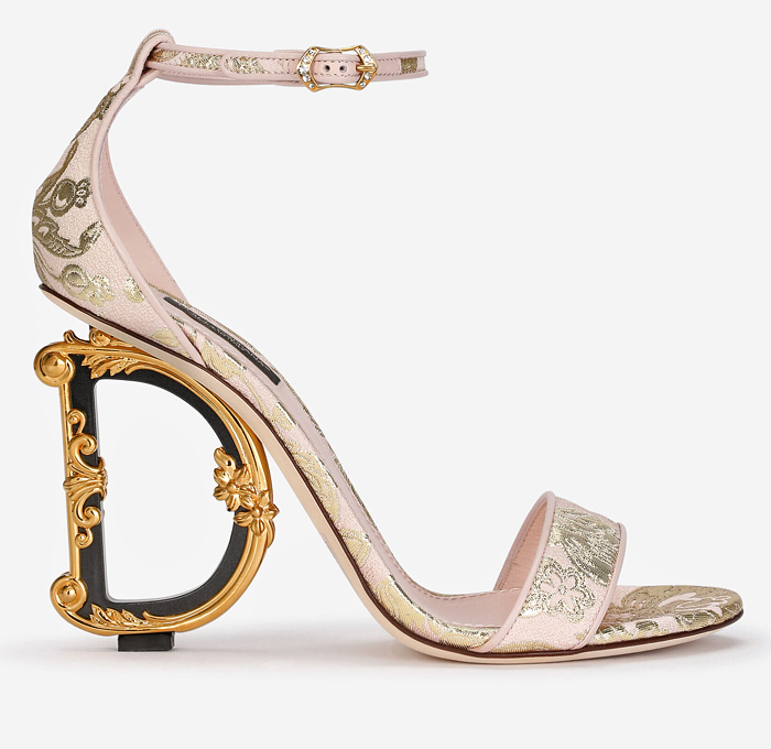 Dolce&Gabbana Nappa Mordore Keira Power Pastel Pink Sandals Baroque DG Initials Heels Flowers Floral Sculptural Brocade Jacquard Gold-Plated Metal Shoes Footwear - Quirky Fashion Finds by Denim Jeans Observer