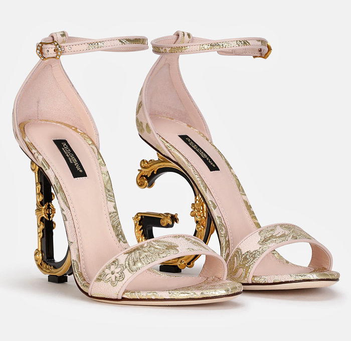 Dolce&Gabbana Nappa Mordore Keira Power Pastel Pink Sandals Baroque DG Initials Heels Flowers Floral Sculptural Brocade Jacquard Gold-Plated Metal Shoes Footwear - Quirky Fashion Finds by Denim Jeans Observer