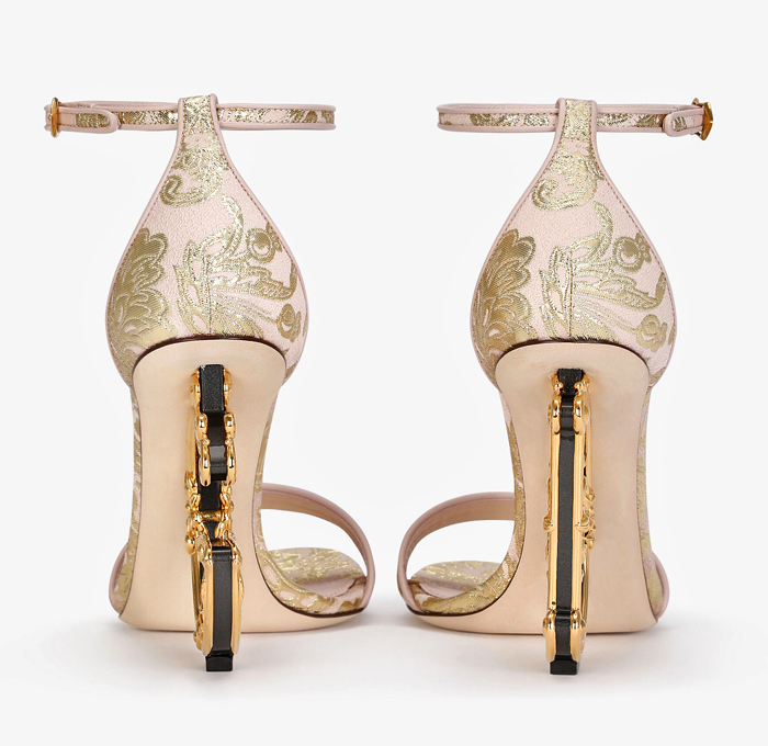 Dolce&Gabbana Nappa Mordore Keira Power Pastel Pink Sandals Baroque DG Initials Heels Flowers Floral Sculptural Brocade Jacquard Gold-Plated Metal Shoes Footwear - Quirky Fashion Finds by Denim Jeans Observer