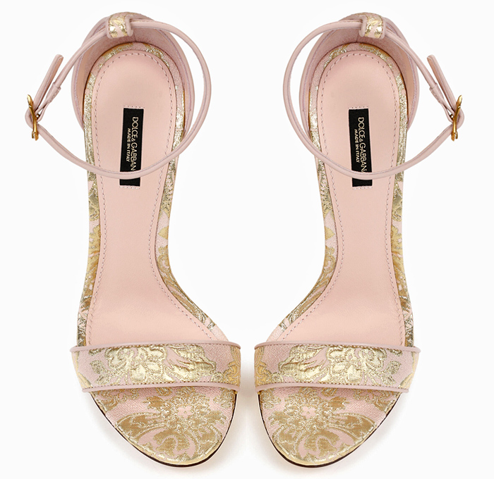 Dolce&Gabbana Nappa Mordore Keira Power Pastel Pink Sandals Baroque DG Initials Heels Flowers Floral Sculptural Brocade Jacquard Gold-Plated Metal Shoes Footwear - Quirky Fashion Finds by Denim Jeans Observer