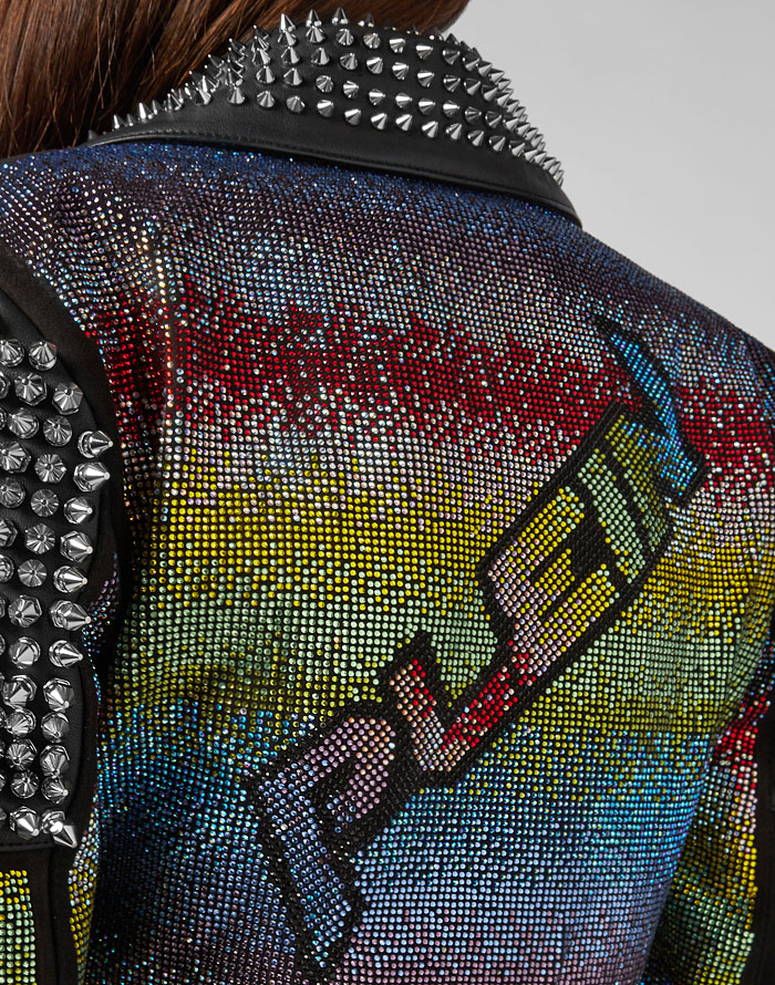Philipp Plein Leather Motorcycle Rider Biker Jacket Rainbow Crystal Nappa Perfecto Encrusted Bedazzled Adorned Embellished Multicoloured Rhinestones Studs Zipper Opening Cuffs Crop Top Midriff Fit - Quirky Fashion Finds by Denim Jeans Observer