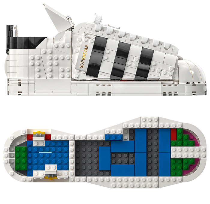 LEGO adidas Originals Superstar Sneakers Collaboration - Vintage Classic Iconic Basketball Sport Shoes Footwear LEGO Bricks White Kicks Black Stripes Low Cut Top Old Skool Toy Gold Foil Accents Laces - 2021 Spring Summer Collection - Quirky Fashion Finds by Denim Jeans Observer