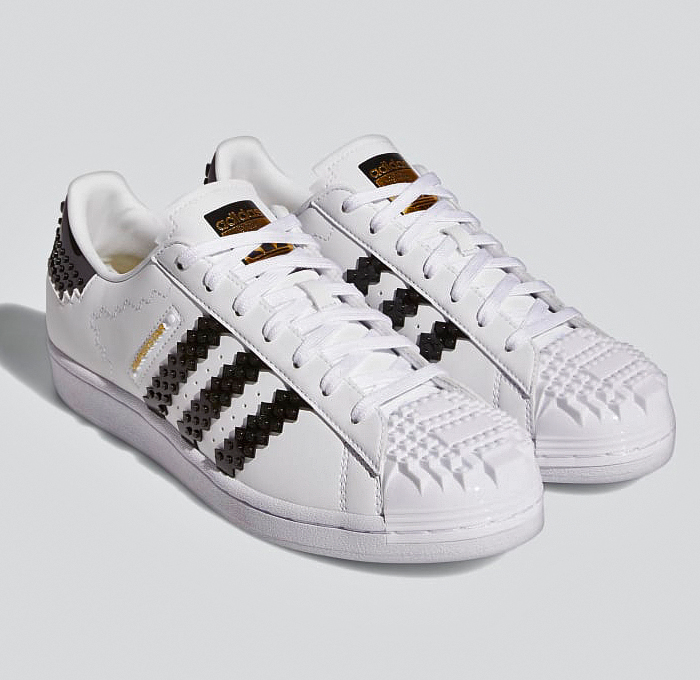 LEGO adidas Originals Superstar Sneakers Collaboration - Vintage Classic Iconic Basketball Sport Shoes Footwear LEGO Bricks White Kicks Black Stripes Low Cut Top Old Skool Toy Gold Foil Accents Laces - 2021 Spring Summer Collection - Quirky Fashion Finds by Denim Jeans Observer