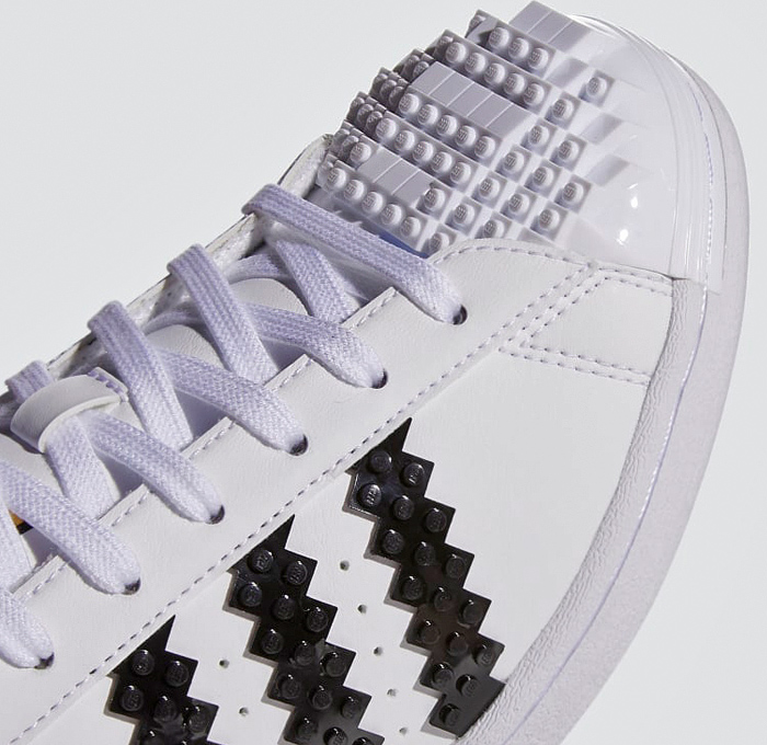 LEGO adidas Originals Superstar Sneakers Collaboration - Vintage Classic Iconic Basketball Sport Shoes Footwear LEGO Bricks White Kicks Black Stripes Low Cut Top Old Skool Toy Gold Foil Accents Laces - 2021 Spring Summer Collection - Quirky Fashion Finds by Denim Jeans Observer