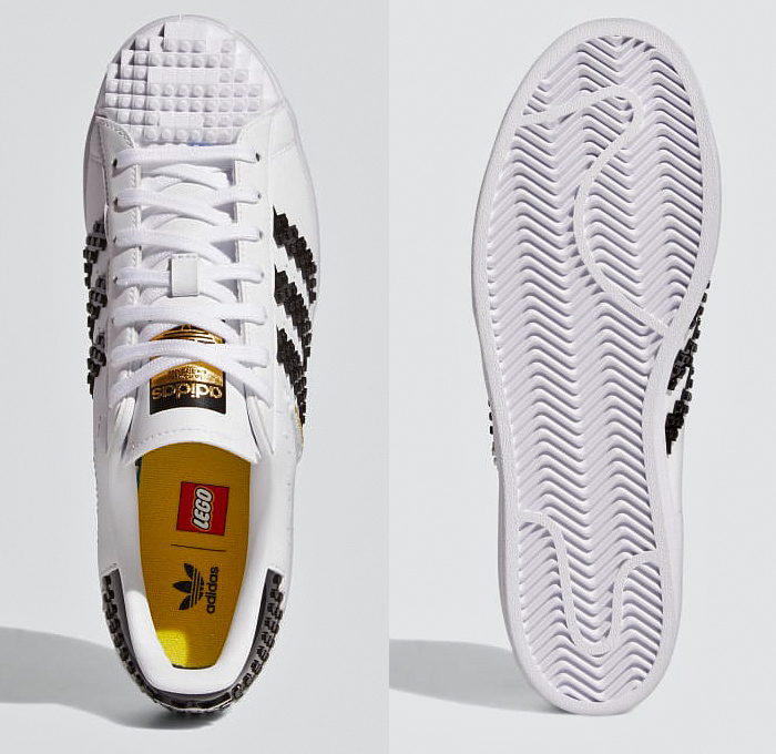 LEGO adidas Originals Superstar Sneakers Collaboration - Vintage Classic Iconic Basketball Sport Shoes Footwear LEGO Bricks White Kicks Black Stripes Low Cut Top Old Skool Toy Gold Foil Accents Laces - 2021 Spring Summer Collection - Quirky Fashion Finds by Denim Jeans Observer