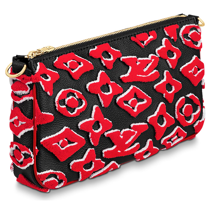 Louis Vuitton x Urs Fischer Collaboration Pochette Accessoires Handbag - Special Edition Arty Monogram Logo Canvas Trompe L'oeil Velvety Tufted Tactile Long Shoulder Strap Delicate Chain Black Red Cowhide Leather Trim Gold Hardware Accessories Bag - 2021 Resort Cruise Womens Collection - Quirky Fashion Finds by Denim Jeans Observer 