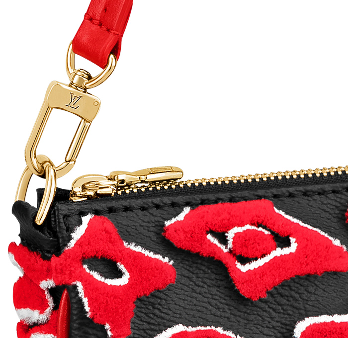 Louis Vuitton x Urs Fischer Collaboration Pochette Accessoires Handbag - Special Edition Arty Monogram Logo Canvas Trompe L'oeil Velvety Tufted Tactile Long Shoulder Strap Delicate Chain Black Red Cowhide Leather Trim Gold Hardware Accessories Bag - 2021 Resort Cruise Womens Collection - Quirky Fashion Finds by Denim Jeans Observer 