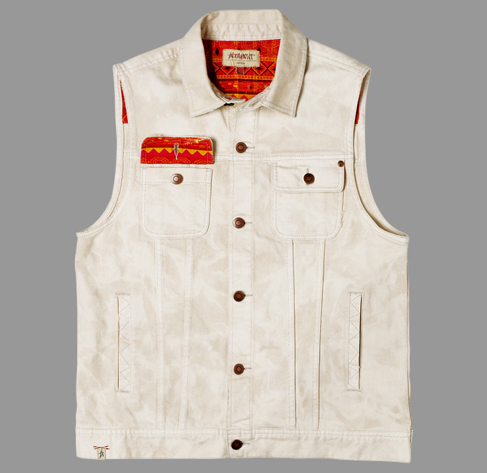 Altamont Apparel Dyrtz Denim Waistcoat Sleeveless Vest in Cement Wash with Ethnic Print Inlay Pattern - Made in Denim Finds #MadeInDenim #DenimFinds: Accessories, Headgear, Footwear, Shoes, Bags, Toys and Products Made in Denim, Quirky & Cool Finds, Denim Outerwear (coats, parkas, capes, jackets, vests and more)