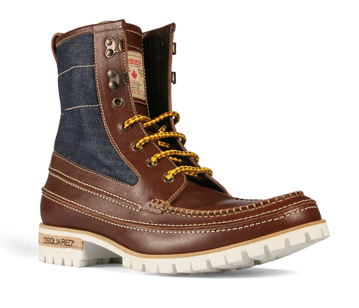 Dsquared2 Mens Cowhide-Denim Lug Boots Outdoorsman Dark Brown - 2013-2014 Fall Autumn Winter Fashion Footwear Collection #madeindenim #denimfinds #fridayfinds #fridaydenimfinds