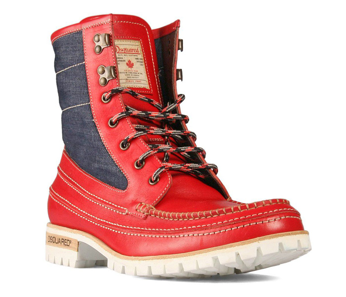 Dsquared2 Mens Cowhide-Denim Lug Boots Outdoorsman Red - 2013-2014 Fall Autumn Winter Fashion Footwear Collection #madeindenim #denimfinds #fridayfinds #fridaydenimfinds