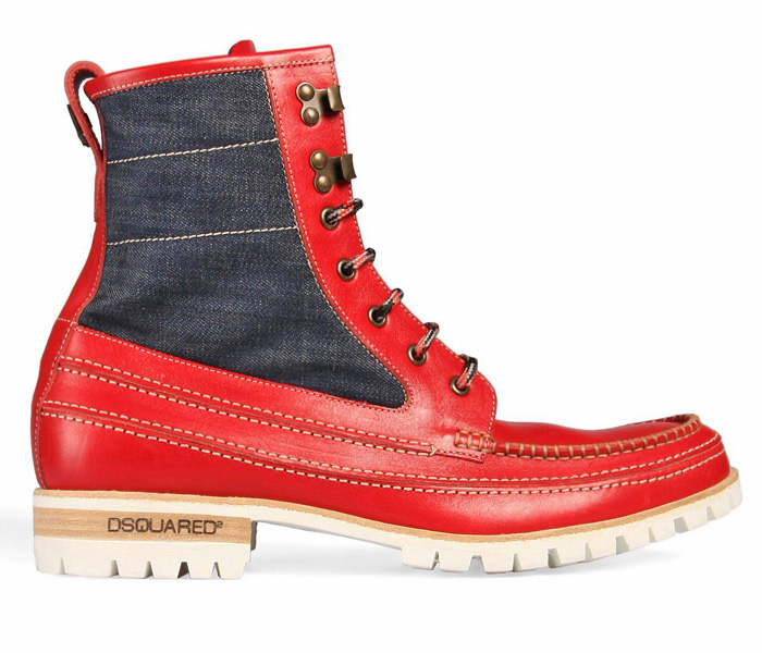 Dsquared2 Mens Cowhide-Denim Lug Boots Outdoorsman Red - 2013-2014 Fall Autumn Winter Fashion Footwear Collection #madeindenim #denimfinds #fridayfinds #fridaydenimfinds