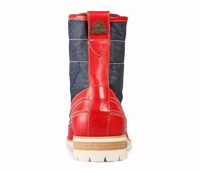 Dsquared2 Mens Cowhide-Denim Lug Boots Outdoorsman Red - 2013-2014 Fall Autumn Winter Fashion Footwear Collection #madeindenim #denimfinds #fridayfinds #fridaydenimfinds