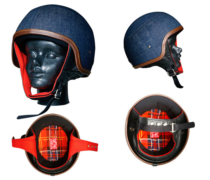 (3) Motorcycle Biker Denim Helmet Open Face Three Quarter Shell - Evisu Made in Denim Finds Helmet, Bags, Toys & Shoes - Made in Denim Finds #MadeInDenim #DenimFinds: Accessories, Headgear, Footwear, Shoes, Bags, Toys and Products Made in Denim, Quirky & Cool Finds, Denim Outerwear (coats, parkas, capes, jackets, vests and more)