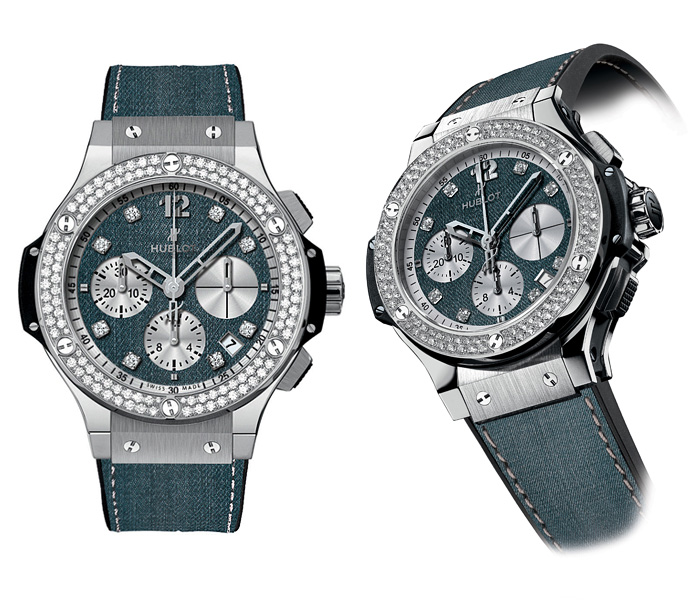 Hublot Womens Big Bang Jeans Series Watches with Denim Dial & Jeans Strap - 44mm, Carat 41mm and Diamonds 41mm Wristwatches - 2013 Spring Summer - Made in Denim Finds #MadeInDenim #DenimFinds #FridayFinds #FridayDenimFinds