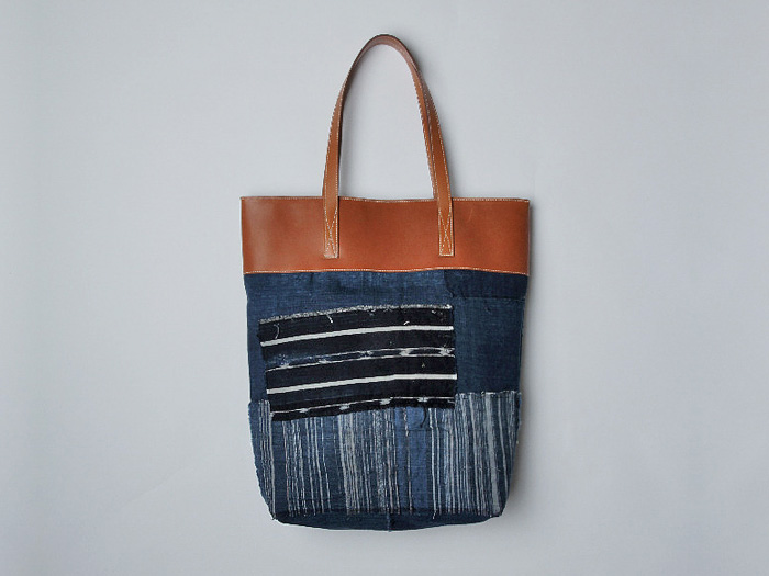 Léger Antique Japanese Boro Denim Tote Bag Barénia Tan Leather - Very Limited Edition Hand Made in France #madeindenim #denimfinds #fridayfinds #fridaydenimfinds