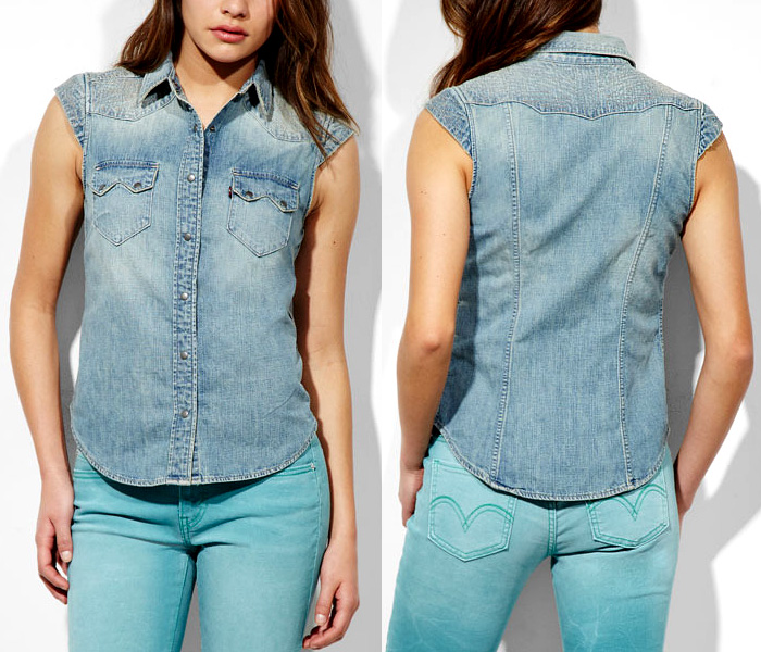 (9) Sleeveless Sawtooth Western Denim Shirt w Double-Pointed Snap-Flap Pockets - Levi’s 2013 Spring Womens Made in Denim Picks: Trend Watch: Hot Denim Styles, Upcoming Trends, Spotted at the Clothing Rack & Fresh New Jeans