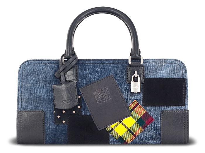 Loewe Womens Amazona Corto Calf Leather Bag Blue-Black with a Junya Watanabe Denim Patchwork Comme des Garçons - 2013-2014 Fall Winter Collection Accessories - #madeindenim #denimfinds #fridayfinds #fridaydenimfinds