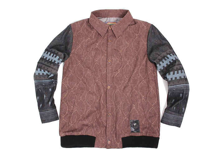 MISCHIEF Taiwan Ethnic Denim Printed Sleeves on Mens Multi-Panel Shirt Jacket: Made in Denim Finds #MadeInDenim #DenimFinds - Accessories, Headgear, Footwear, Shoes, Bags, Toys and Products Made in Denim, Denim Outerwear (coats, parkas, capes, jackets, vests and more), Quirky & Cool Finds