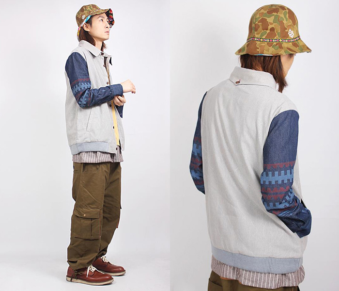 MISCHIEF Taiwan Ethnic Denim Printed Sleeves on Mens Multi-Panel Shirt Jacket: Made in Denim Finds #MadeInDenim #DenimFinds - Accessories, Headgear, Footwear, Shoes, Bags, Toys and Products Made in Denim, Denim Outerwear (coats, parkas, capes, jackets, vests and more), Quirky & Cool Finds