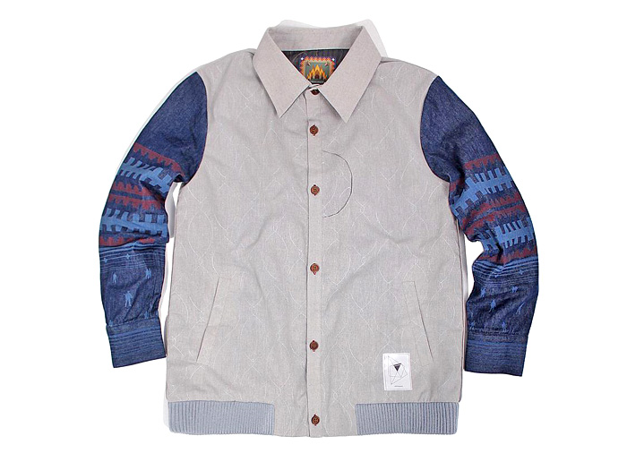 MISCHIEF Taiwan Ethnic Denim Printed Sleeves on Mens Multi-Panel Shirt Jacket: Made in Denim Finds #MadeInDenim #DenimFinds - Accessories, Headgear, Footwear, Shoes, Bags, Toys and Products Made in Denim, Denim Outerwear (coats, parkas, capes, jackets, vests and more), Quirky & Cool Finds