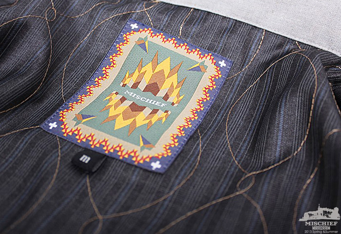 MISCHIEF Taiwan Ethnic Denim Printed Sleeves on Mens Multi-Panel Shirt Jacket: Made in Denim Finds #MadeInDenim #DenimFinds - Accessories, Headgear, Footwear, Shoes, Bags, Toys and Products Made in Denim, Denim Outerwear (coats, parkas, capes, jackets, vests and more), Quirky & Cool Finds