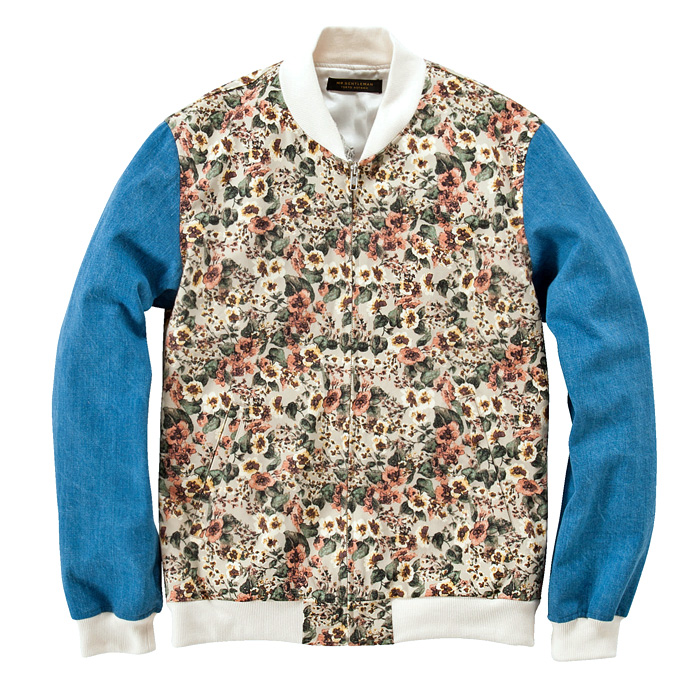 MR.GENTLEMAN Japan Floral Print Zip Up Multi-Panel Denim Sleeved Jacket: Trend Watch: Hot Denim Styles, Upcoming Trends, Spotted at the Clothing Rack & Fresh New Jeans