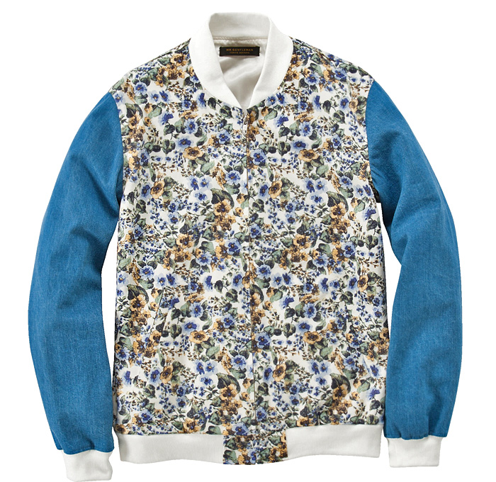 MR.GENTLEMAN Japan Floral Print Zip Up Multi-Panel Denim Sleeved Jacket: Trend Watch: Hot Denim Styles, Upcoming Trends, Spotted at the Clothing Rack & Fresh New Jeans