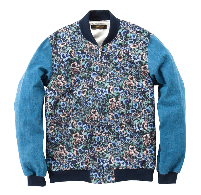 MR.GENTLEMAN Floral Print Zip Up Multi-Panel Denim Sleeved Jacket ...