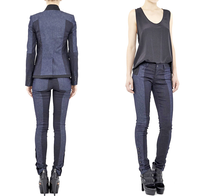 Nicole Miller Artelier Two Toned Multi-Panel Deep Denim Blazer and Classic Color Blocking Skinny Pants - 2013-2014 Fall Winter Womens Collection - Made in Denim Finds #MadeInDenim #DenimFinds #FridayFinds #FridayDenimFinds