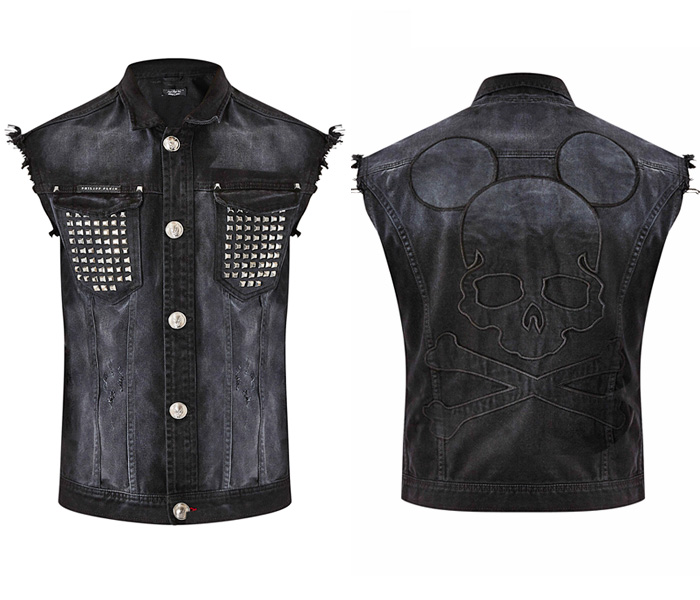 (1) Black Caviar - Philipp Plein Mr. Mouse Metallic Studs Denim Vest - 2013 Fall Autumn Menswear Collection - Motorcycle Biker Rider Rocker Sleeveless Frayed Jeans Gilet