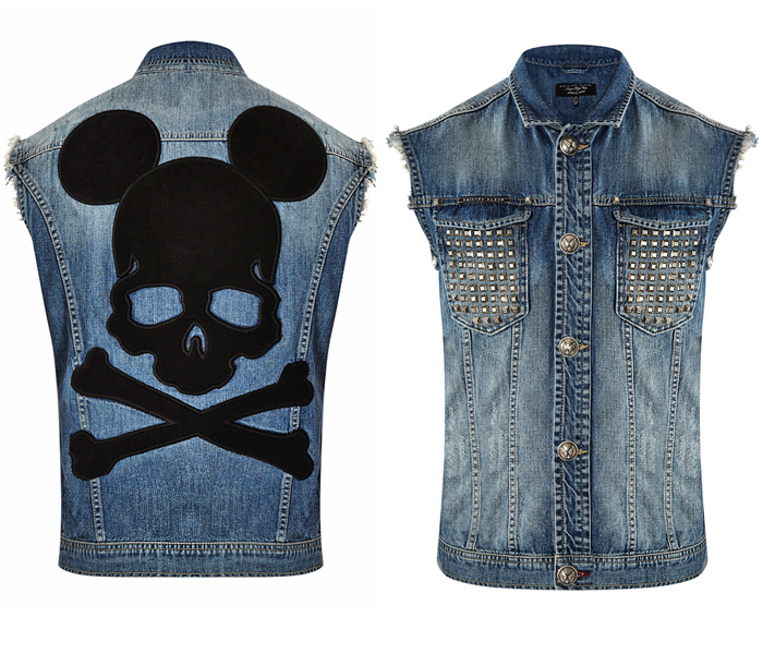 (2) Saphire Blue - Philipp Plein Mr. Mouse Metallic Studs Denim Vest - 2013 Fall Autumn Menswear Collection - Motorcycle Biker Rider Rocker Sleeveless Frayed Jeans Gilet