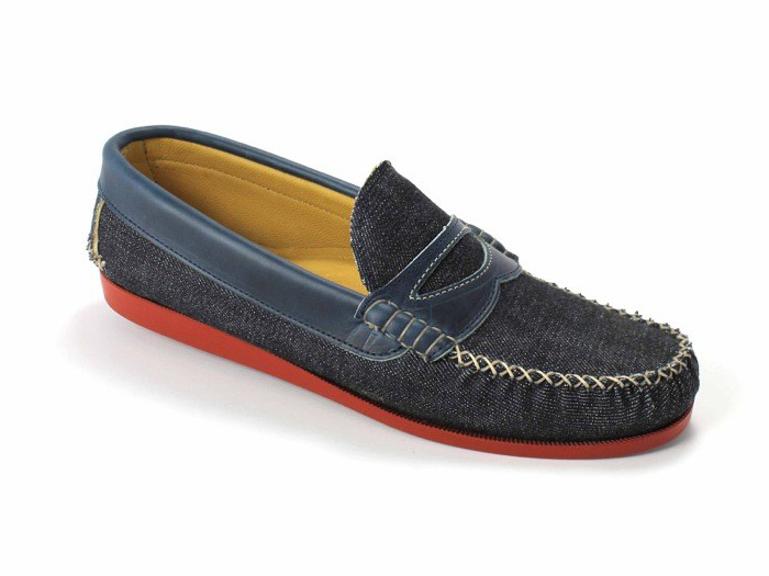 (4) Denim Penny Loafer with a Red Brick Camp Sole -Quoddy Mens Handsewn Selvedge Denim Moccasins, Loafers & Boat Shoes - Made in Denim Picks 2013 Spring Footwear: Made in Denim Finds #MadeInDenim #DenimFinds - Accessories, Headgear, Footwear, Shoes, Bags, Toys and Products Made in Denim, Denim Outerwear (coats, parkas, capes, jackets, vests and more), Quirky & Cool Finds