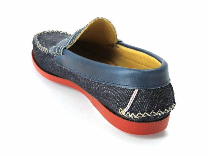 (5) Denim Penny Loafer with a Red Brick Camp Sole - Quoddy Mens Handsewn Selvedge Denim Moccasins, Loafers & Boat Shoes - Made in Denim Picks 2013 Spring Footwear: Made in Denim Finds #MadeInDenim #DenimFinds - Accessories, Headgear, Footwear, Shoes, Bags, Toys and Products Made in Denim, Denim Outerwear (coats, parkas, capes, jackets, vests and more), Quirky & Cool Finds