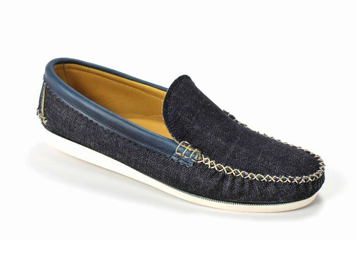 (6) Denim Venetian Loafer with a White Camp Sole - Quoddy Mens Handsewn Selvedge Denim Moccasins, Loafers & Boat Shoes - Made in Denim Picks 2013 Spring Footwear: Made in Denim Finds #MadeInDenim #DenimFinds - Accessories, Headgear, Footwear, Shoes, Bags, Toys and Products Made in Denim, Denim Outerwear (coats, parkas, capes, jackets, vests and more), Quirky & Cool Finds