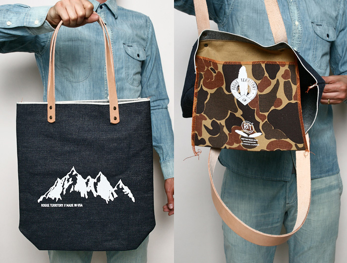 Rogue Territory Denim Tote Bag 2013 Spring Summer - Made in Denim Finds #MadeInDenim #DenimFinds: Accessories, Headgear, Footwear, Shoes, Bags, Toys and Products Made in Denim, Quirky & Cool Finds, Denim Outerwear (coats, parkas, capes, jackets, vests and more)