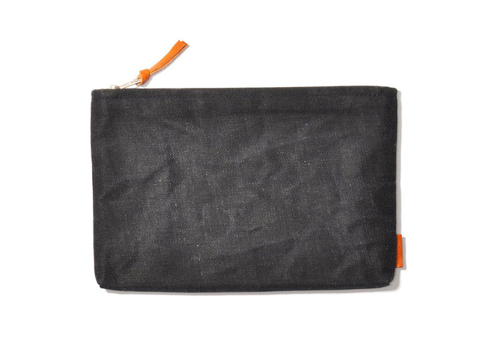 (3) Clutch Bag Waxed Selvage Cone Mills Denim - The Good Flock Made in Denim 2013 Spring Picks - Waxed Cone Mills Denim Fabric Accessories - Bags & Wallet: Made in Denim Finds #MadeInDenim #DenimFinds - Accessories, Headgear, Footwear, Shoes, Bags, Toys and Products Made in Denim, Denim Outerwear (coats, parkas, capes, jackets, vests and more), Quirky & Cool Finds