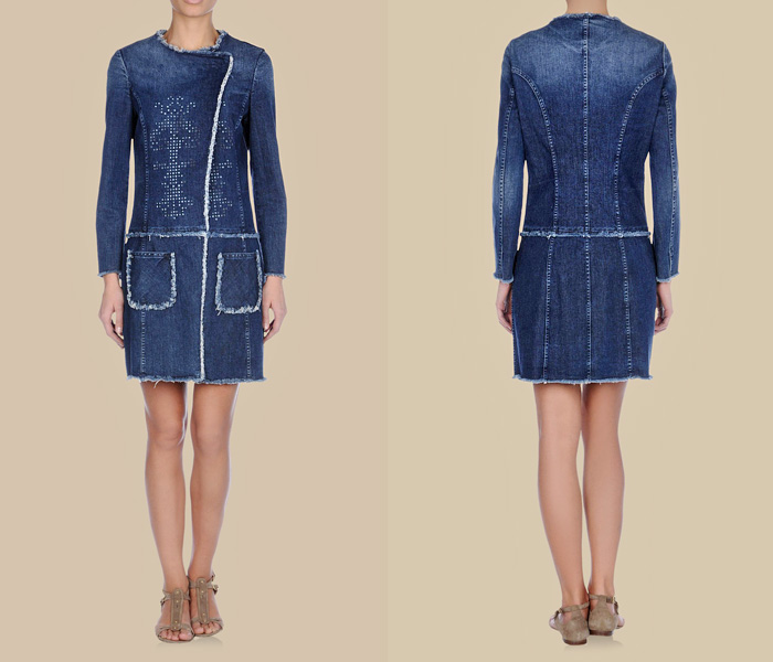 (1) Trussardi Jeans Denim Coat w Slit Cuffs, Perforated Design & Cutaway Ripped Hem - Trussardi 2013 Spring Womens Made in Denim Picks - Jeanswear Jackets, Outerwear, Vests & Blouses TopsMade in Denim Finds #MadeInDenim #DenimFinds - Accessories, Headgear, Footwear, Shoes, Bags, Toys and Products Made in Denim, Denim Outerwear (coats, parkas, capes, jackets, vests and more), Quirky & Cool Finds