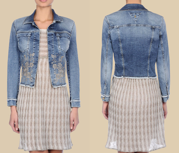 (2) Trussardi Jeans Worn Denim Jacket w Embroidery - Trussardi 2013 Spring Womens Made in Denim Picks - Jeanswear Jackets, Outerwear, Vests & Blouses TopsMade in Denim Finds #MadeInDenim #DenimFinds - Accessories, Headgear, Footwear, Shoes, Bags, Toys and Products Made in Denim, Denim Outerwear (coats, parkas, capes, jackets, vests and more), Quirky & Cool Finds