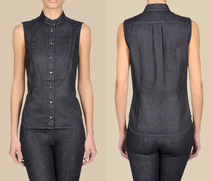 (3) Trussardi Mandarin Collar Denim Blouse - Trussardi 2013 Spring Womens Made in Denim Picks - Jeanswear Jackets, Outerwear, Vests & Blouses TopsMade in Denim Finds #MadeInDenim #DenimFinds - Accessories, Headgear, Footwear, Shoes, Bags, Toys and Products Made in Denim, Denim Outerwear (coats, parkas, capes, jackets, vests and more), Quirky & Cool Finds